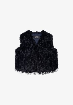 Black faux fur vest with a shaggy texture, sleeveless design, and a rounded neckline. Features a smooth interior lining.