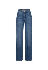 Hooggewaiste recht gesneden jeans in middentonal blauw denim, met voorzakken, zichtbare stiksels en een licht versleten afwerking.