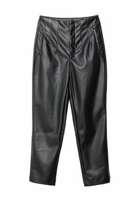 Zwarte leren broeken met een hoge taille, geplooide voorkant en zijzakken. Glad textuur met een nauwkeurig, recht gesneden model.