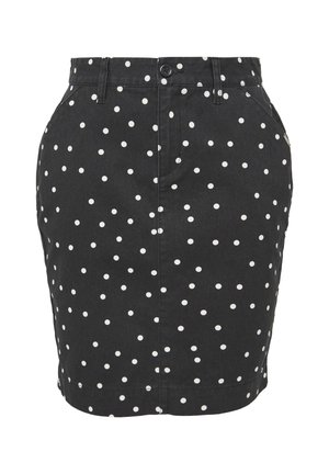 Zwarte spijkerrok met witte stippen, een aansluitend ontwerp en een knoopsluiting aan de voorkant met zakken aan de zijkanten.