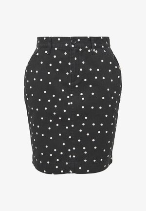 Zwarte spijkerrok met witte stippen, een aansluitend ontwerp en een knoopsluiting aan de voorkant met zakken aan de zijkanten.