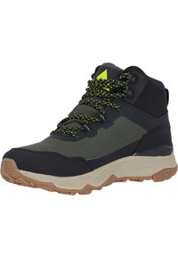 Herrarnas vandringskänga i mörkgrått och olivgrönt. Har strukturerad tyg, en vadderad krage och förstärkta snörhål med ljusa snören.