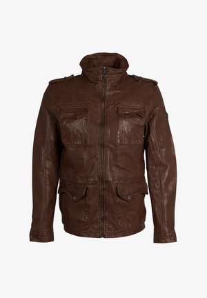 Veste en cuir brun avec un col haut, fermeture éclair, deux poches poitrine et deux poches inférieures. Finition texturée avec des accents en métal.