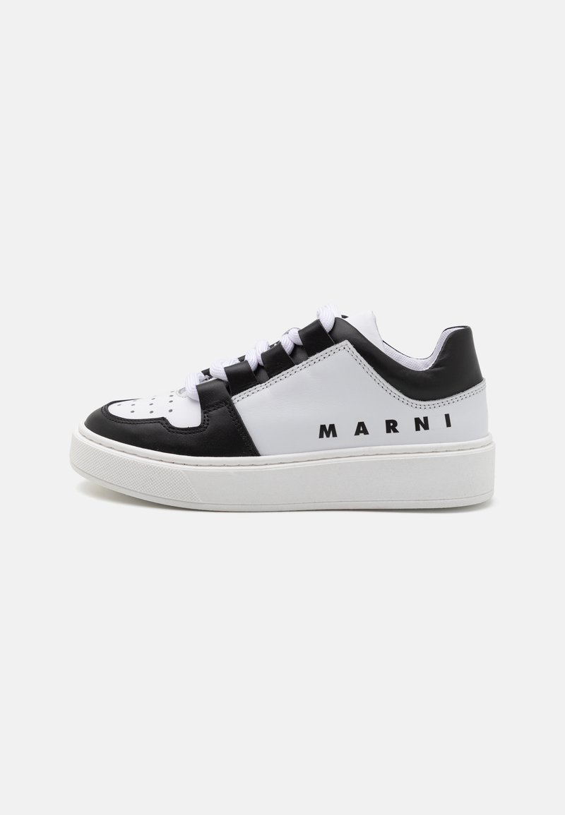Black and white leather sneaker with a textured upper, contrasting panels, perforated toe, and white rubber sole. Features "MARNI" branding.