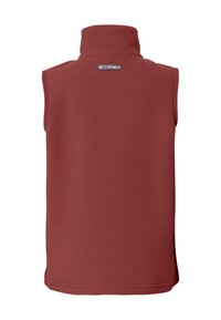 Rote Fleece-Weste mit hohem Kragen, ärmellosem Design und einem quadratischen Aufnählabel am Hals. Glatte Textur und saubere Nähdetails.