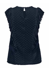 Haut texturé bleu marine avec des manches volantes et une découpe en forme de trou de serrure au dos. Le motif présente des pois en relief sur l'ensemble du tissu.