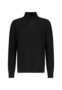 Schwarzer Strickpullover mit langen Ärmeln, gerippten Bündchen und Saum sowie einem hohen Kragen mit drei schwarzen Knöpfen auf der Vorderseite.