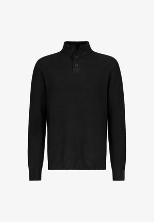 Schwarzer Strickpullover mit langen Ärmeln, gerippten Bündchen und Saum sowie einem hohen Kragen mit drei schwarzen Knöpfen auf der Vorderseite.