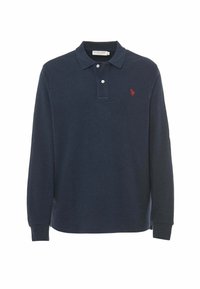 Polo a maniche lunghe di colore navy, realizzato in cotone, con colletto classico, patta con tre bottoni e un piccolo logo rosso sul petto.