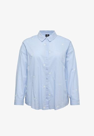 Cămașă bleu deschis cu mâneci lungi, nasturi, broderie florală albă mică, guler ascuțit și manșete la încheieturi.