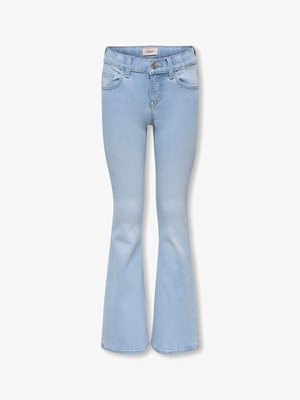 Lichtblauwe high waist spijkerbroek met knoop en ritssluiting aan de voorkant, vijf zakken en uitlopende pijpen.