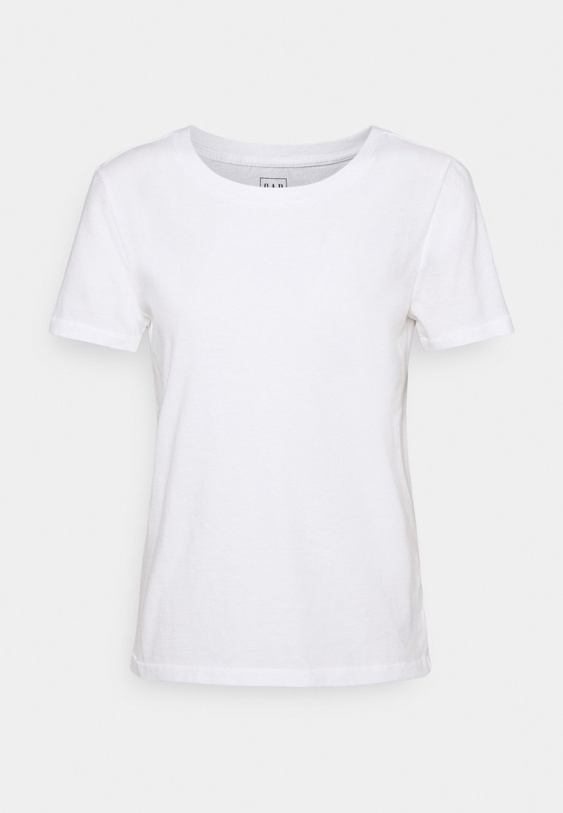 T-shirt blanc uni à manches courtes avec col rond et coupe ajustée sur fond clair.