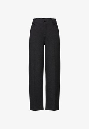 Weite Hosen aus dunkelgrauem strukturiertem Stoff, mit zwei vorderen Taschen, Knopfapplikationen und einem geraden Schnitt.