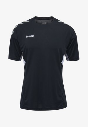 Černé sportovní tričko vyrobené z prodyšného materiálu, s krátkými rukávy, kulatým výstřihem a světle šedými akcentovými panely po stranách.