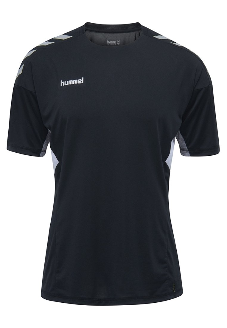 Svart sport T-shirt i andningsbart material, med korta ärmar, rund halsringning och ljusgrå accentpaneler på sidorna.