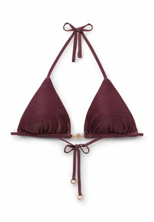 Bourgondisch driehoek bikini top met halternek en striksluitingen aan de achterkant, gouden sluiting en ringdetails aan de striksluitingen.