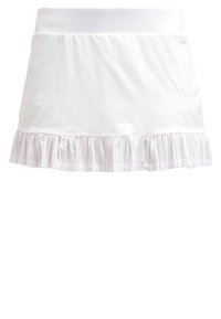 Falda blanca de mujer con una cintura ajustada, fabricada en un tejido suave y con un dobladillo con volantes. La textura parece lisa y liviana.