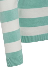 Mintgrüner und weiß gestreifter Pullover aus weichem Strickmaterial, mit gerippten Manschetten und Saumdetails.