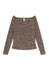 Off-Shoulder-Bluse mit langen Ärmeln aus einem lila und beigen gesprenkelten Strick, mit weicher Textur und figurbetontem Schnitt. Etikett am Hals Ausschnitt sichtbar.