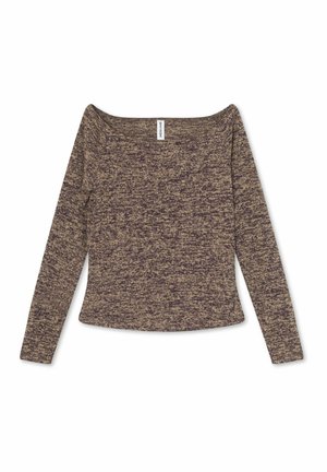 Purpurinė ir smėlio spalvos taškeliais marškinėliai be pečių ilgomis rankovėmis, pasižymintys minkšta tekstūra ir prigludusia siluetu. Etiketas matomas ant kaklo.