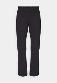 Sorte leggings med et glat, strækbart stof og en bred talje. De har lige, fuldlængde ben og ingen synlige mønstre eller detaljer.