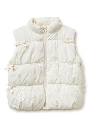 Wollweiße gesteppte Weste mit durchgehendem Reißverschluss und kleinen dekorativen Schleifen an den Seiten, ausgestattet mit hohem Kragen und gesteppter Optik.