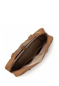 Brown leather handbag with a zip closure, featuring a spacious interior with beige lining and multiple compartments for organization.