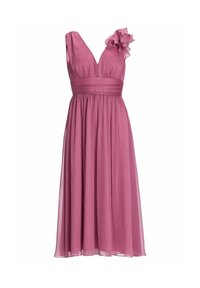Robe en mauve doux avec décolleté en V, ornée d'une épaule froncée, taille cintrée et jupe fluide en tissu léger et transparent.
