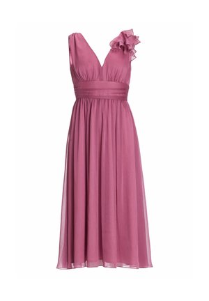 V-Ausschnitt-Kleid in sanftem Mauve, mit einer rüschendekorierten Schulter, taillierten Taille und fließendem Rock aus leichtem, transparentem Stoff.