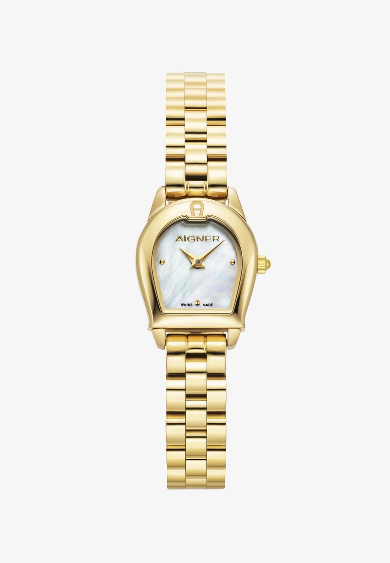 Goldfarbene Armbanduhr mit rundem Gehäuse, Zifferblatt aus Perlmutt und verlinktem Armband. Mit AIGNER-Logo und "Swiss Made"-Text.