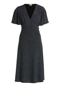 Černé třpytivé šaty s výstřihem do V, krátkými zvonovými rukávy, vypasovaným pasem a rozšířeným spodním lemem. Vyrobené z texturované, třpytivé látky.