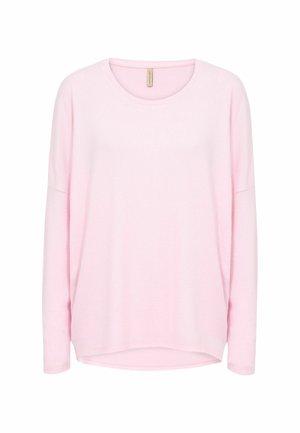 Pehme roosa pika varrukaga ümara kaelusega kampsun, mis on lõdva lõikega ja kerge kurviga äärega, valmistatud kergest kootud kangast.