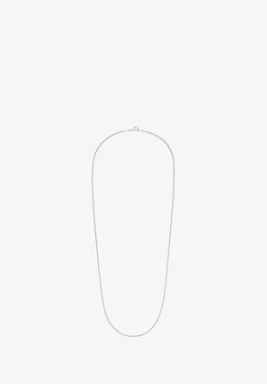 Zartes silbernes Kettenhalsband mit kleinem Gliederdesign und Federringschließe auf einem weißen Hintergrund.