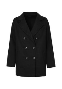 Cappotto in misto lana nero con design doppiopetto, colletto a punte, grandi bottoni neri e tasche laterali. Texture liscia, lunghezza fino ai fianchi.