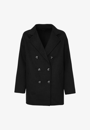 Manteau en mélange de laine noire avec un design à double boutonnage, col cranté, grands boutons noirs et poches latérales. Texture lisse, longueur aux hanches.
