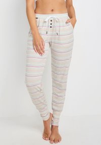 Pantalones de lounge a rayas que presentan un tejido suave y ligero. Los colores incluyen rosa pastel, azul y crema, con detalles de botones y cordón.