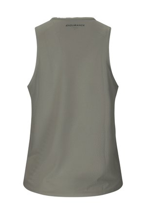 Mouwloos grijs atletisch mesh hemd met "ENDURANCE" gedrukt vlak bij de bovenrug, ontworpen voor ventilatie en lichtgewicht comfort.