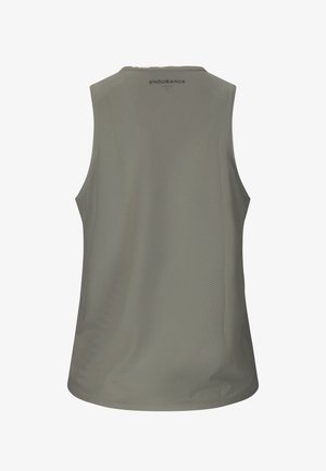 Mouwloos grijs atletisch mesh hemd met "ENDURANCE" gedrukt vlak bij de bovenrug, ontworpen voor ventilatie en lichtgewicht comfort.