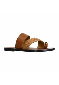 Brown leather slide sandals featuring a woven strap and a small metallic accent, set on a flat black sole with stitched detailing.