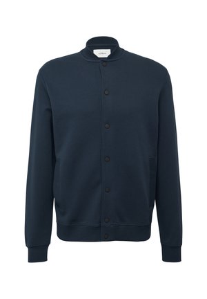 Marineblauwe sweatshirtjack met een ronde kraag, sluiting met knopen aan de voorkant, twee zijzakken en geribbelde manchetten. Zacht stof met een gladde textuur.