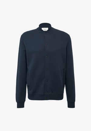 Marineblauwe sweatshirtjack met een ronde kraag, sluiting met knopen aan de voorkant, twee zijzakken en geribbelde manchetten. Zacht stof met een gladde textuur.
