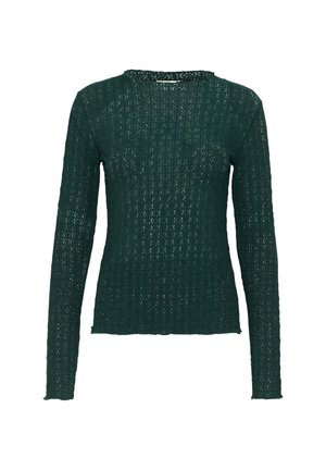 Pull en tricot vert à manches longues avec un motif de dentelle texturée, un col rond et un ourlet légèrement effiloché aux poignets et en bas.