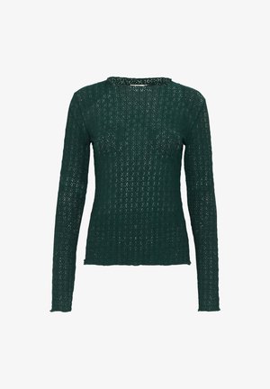 Zeleni pleteni pulover z dolgimi rokavi, ki se ponaša z strukturiranim čipkastim vzorcem, okroglo ovratnico in subtilno raztrgano obrobo na manšetah in dnu.