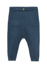 Modré pletené kalhoty pro batolata s žebrovaným pasem, designem s nízkým rozkrokem a dvěma předními kapsami. Disponují akcentem knoflíku na pase.