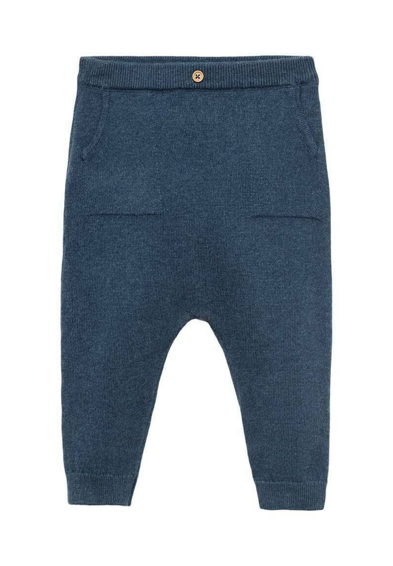 Modré pletené kalhoty pro batolata s žebrovaným pasem, designem s nízkým rozkrokem a dvěma předními kapsami. Disponují akcentem knoflíku na pase.