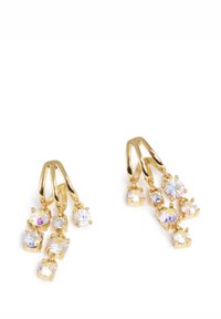 Pendientes en tono dorado con seis cristales colgantes de acabado iridiscente, engastados en monturas de tipo garra. Diseño angular para un toque extra de estilo.