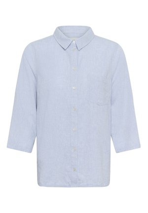Világoskék hosszú ujjú ing gallérral, elülső zsebbel a bal oldalon és elöl gombos záródással.