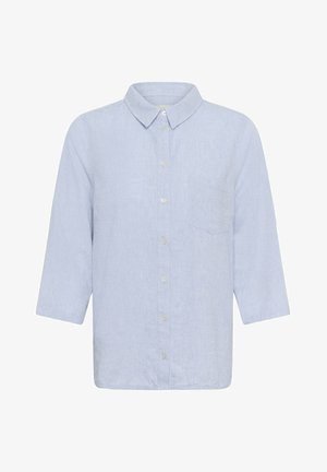 Világoskék hosszú ujjú ing gallérral, elülső zsebbel a bal oldalon és elöl gombos záródással.