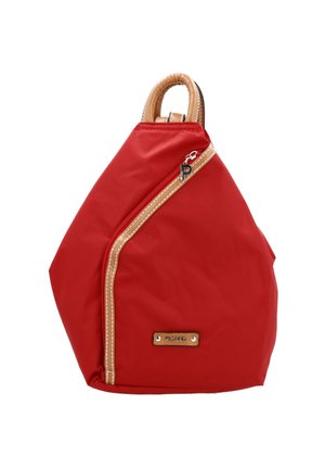 Red nylon backpack with a unique geometric shape, featuring a brown leather handle and zipper detailing with a logo accent.