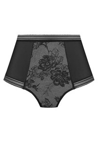 Zwarte hooggesneden slip met een bloemenkantpatroon, onde transparante zijkanten en decoratieve details met een golvende rand.